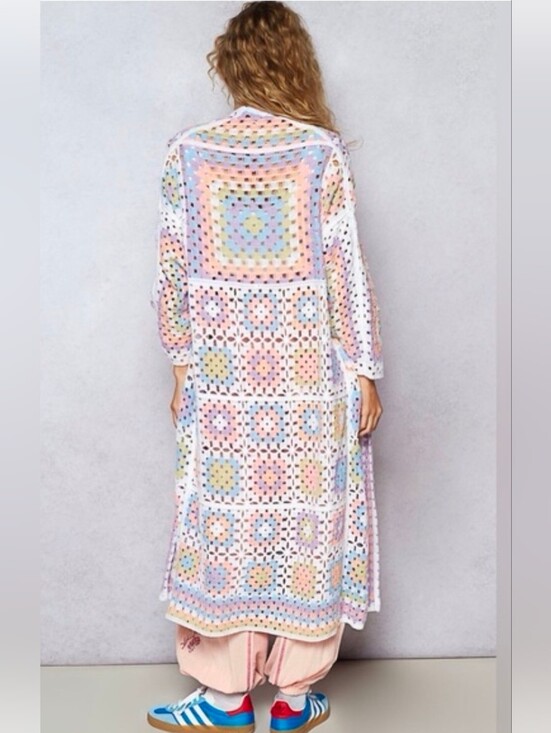 POL Sweaters - POL NWT Pastel Bohemian White Granny Square Crochet Open-Knit Cardigan Duster S